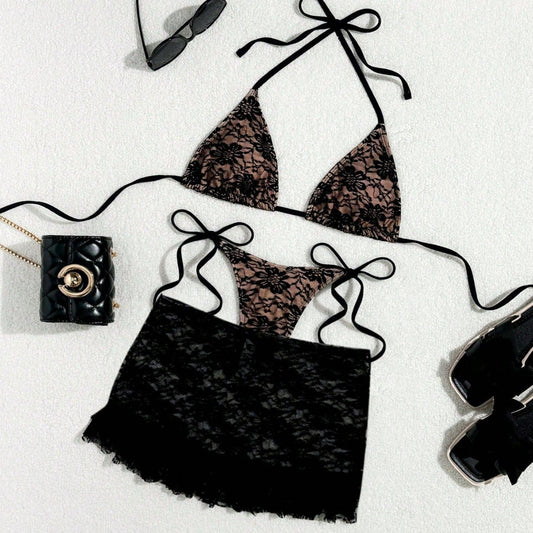 FREEDOMBEAUTY | 2026 New Short Skirt Three-piece Lace Double Fabric Bikini Suit Swimsuit Female Factory Direct Sales
