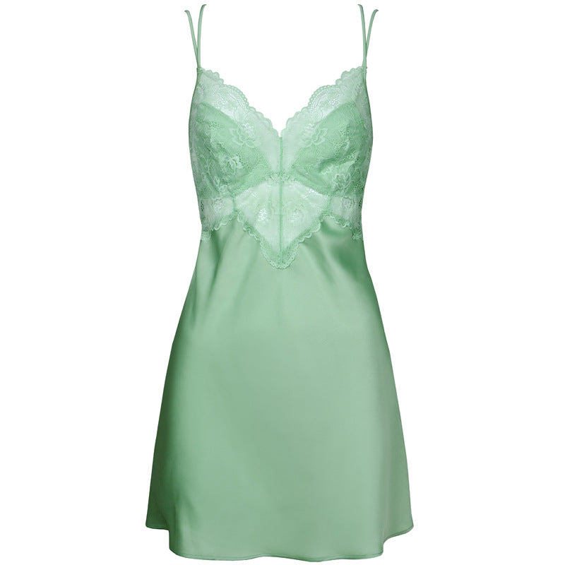 FREEDOMBEAUTY | FQ2866 Pure lace satin women's suspender cross nightdress summer thin high-end deep V Europe and America
