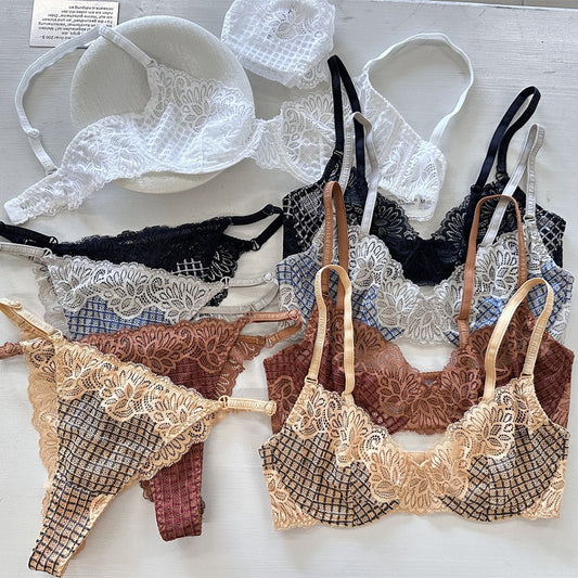 FREEDOMBEAUTY | Plaid lace bra European and American sexy French underwear thin big breasts small anti-sagging gathered bra set
