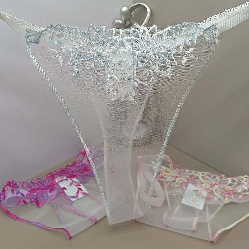 FREEDOMBEAUTY | Transparent mesh embroidery three-piece color matching light crotch-free sexy hollow sex thong three-piece cross-border