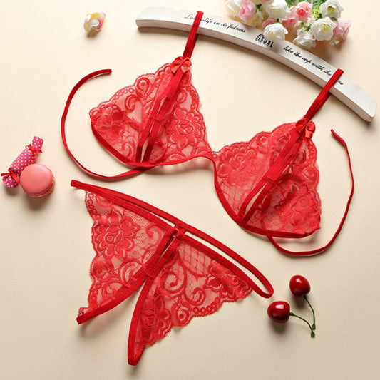 FREEDOMBEAUTY | Sex lingerie women's open three-point sexy lace transparent open panties bra strap backless temptation