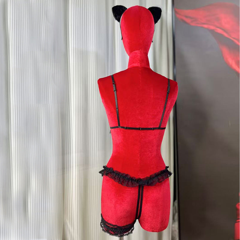 FREEDOMBEAUTY | FQ2940 Lace bow pleated edge three-point bra panties leg ring cat ears cute sex suit