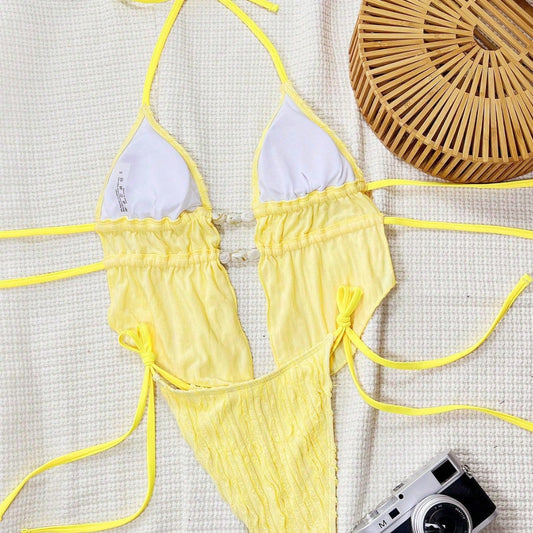 FREEDOMBEAUTY | Venetian fabric split bikini suit lace-up swimsuit women's swimwear, factory wholesale direct sales