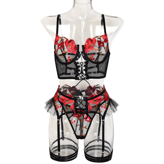 FREEDOMBEAUTY | AliExpress INS Explosive Women's Underwear Embroidered Flower Straps Cross Hollow Mesh Four-piece Set 3328
