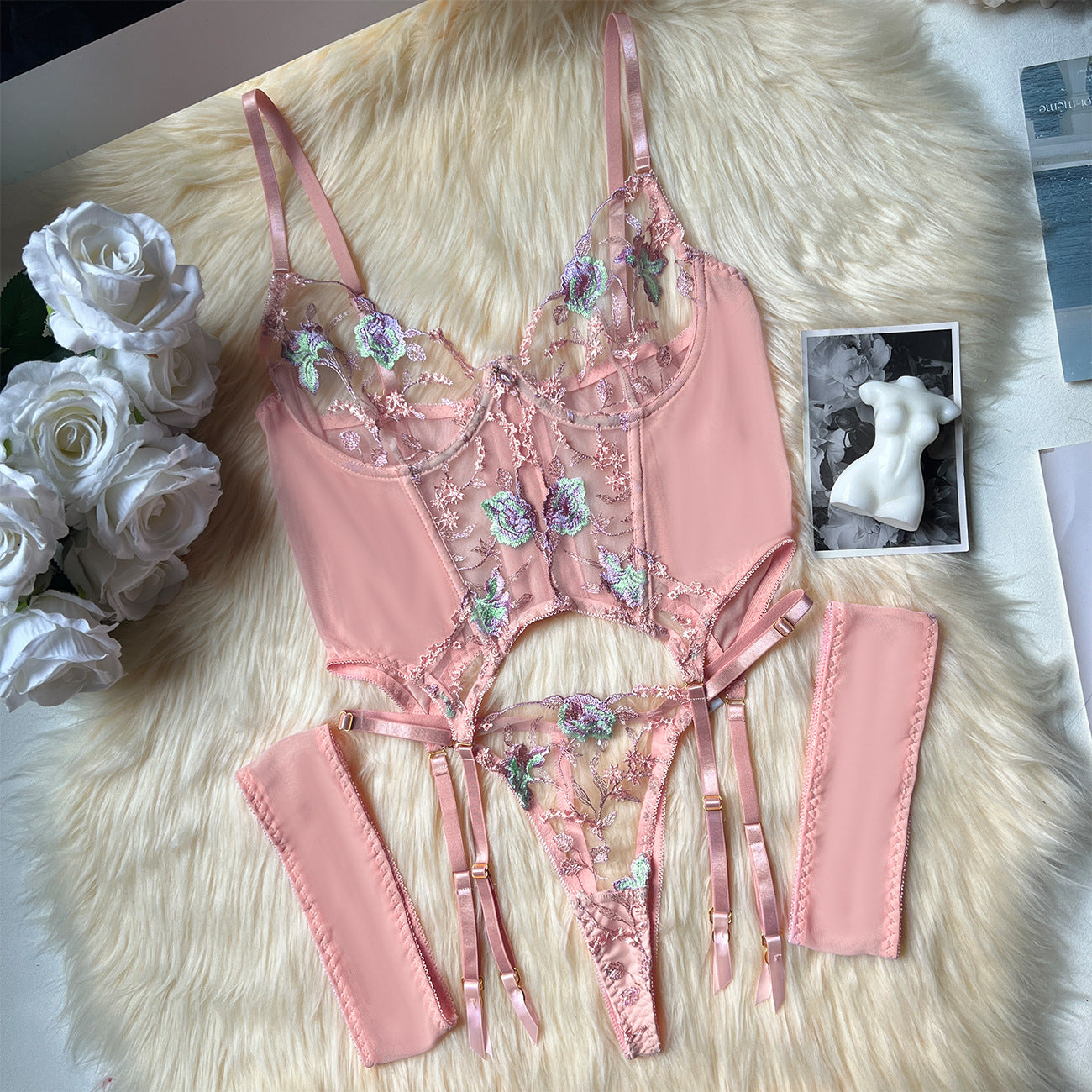 freedombeauty|Embroidered sexy underwear new three-point erotic underwear mesh embroidery perspective set
