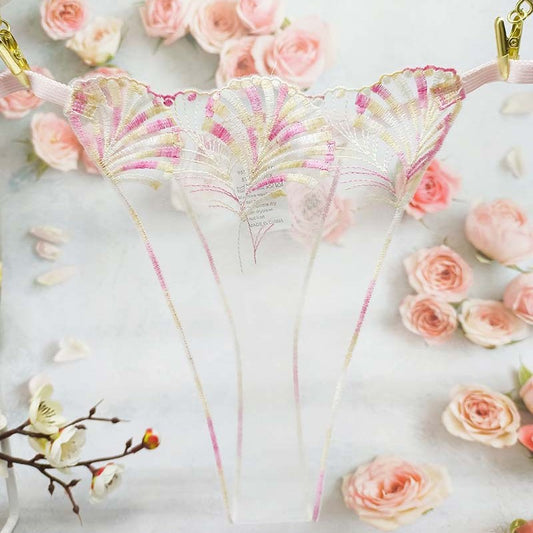 FREEDOMBEAUTY | Hollow-out embroidery perspective sexy new sex thong fan-shaped leaf pattern mesh embroidery cross-border