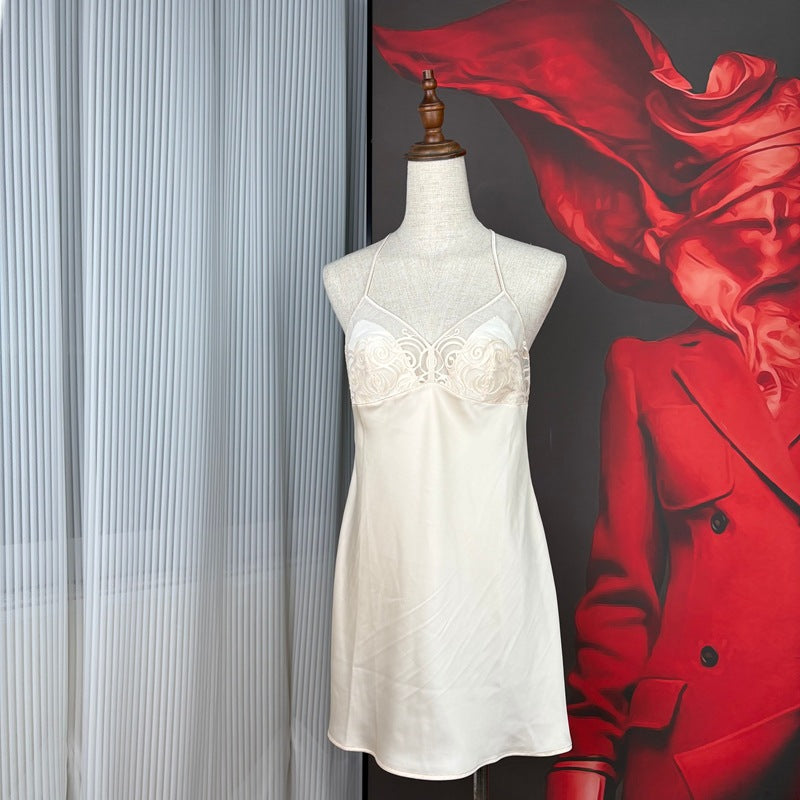 FREEDOMBEAUTY | FQ2802 Laser Embroidery Premium Satin Suspender Nightdress Light Luxury Homewear Sexy Nightdress Women's Skin Tone Black