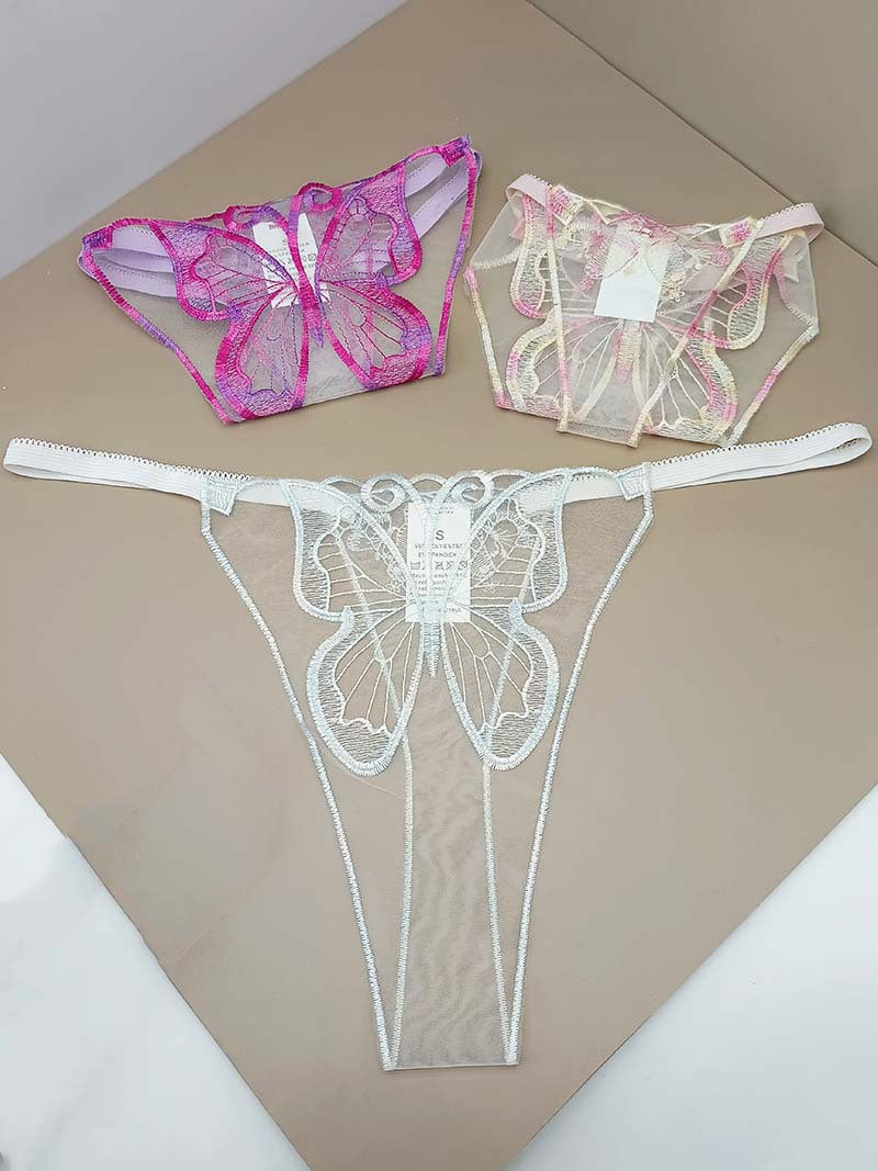 FREEDOMBEAUTY | New women's sexy perspective lace temptation three-piece mesh embroidery butterfly embroidery sex thong cross-border