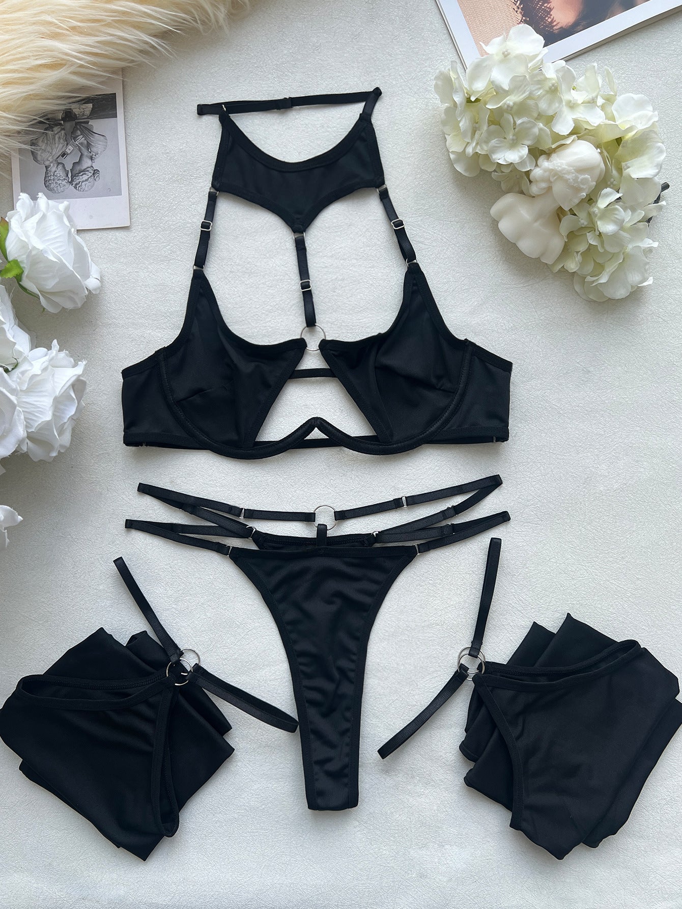 FREEDOMBEAUTY | DIER Sexy Hollow Sex Lingerie Set Nightclub Party Suspender Underwear Thong Three-piece Underwear Women