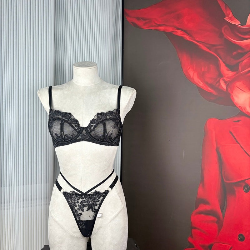 FREEDOMBEAUTY | FQ2887 Red velvet embroidery mesh sexy perspective women's bra steel rim thin set European and American foreign trade cross-border