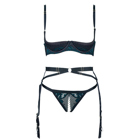 FREEDOMBEAUTY | FQ2836M201 Pure color contrasting lace satin sponge tray cross strap bra free panties sexy
