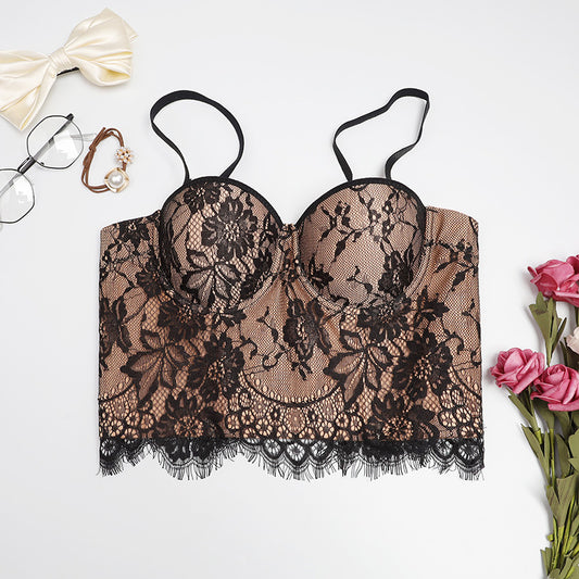 freedombeauty｜Lace sling beautiful back anti-light adjustable with chest pad small vest with steel ring tube top DB1076