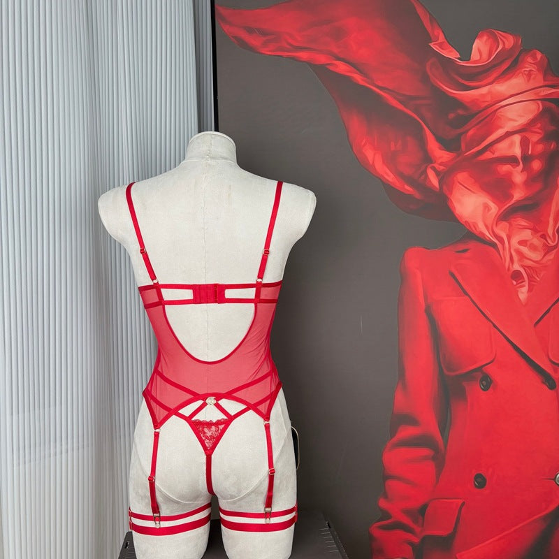 FREEDOMBEAUTY | FQ2873 Embroidery Sponge Tie Corset Garter Mesh Perspective Lingerie Seduction Black Christmas Red