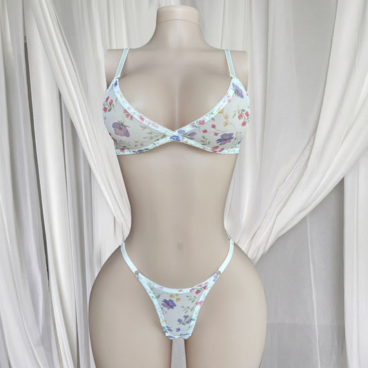 FREEDOMBEAUTY | Cross-border floral triangle cup sex set, light and breathable thong, women's underwear two-piece set