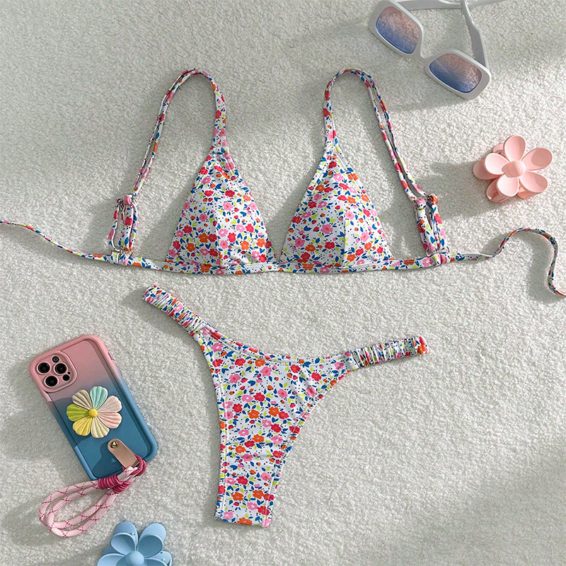 FREEDOMBEAUTY | 2025 new European and American floral lace-up bikini sexy split swimsuit women's beach hot spring swimsuit bikini