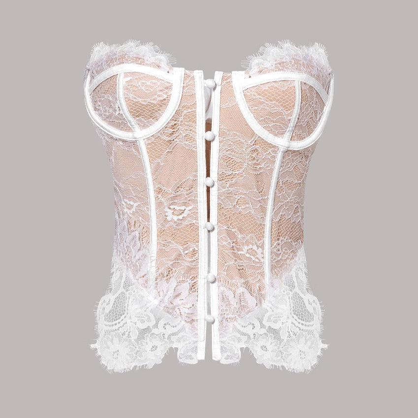 FREEDOMBEAUTY | Cross-border European and American lace hollow back sling vest women's summer low-cut fish bone thin sexy top tube top bundle