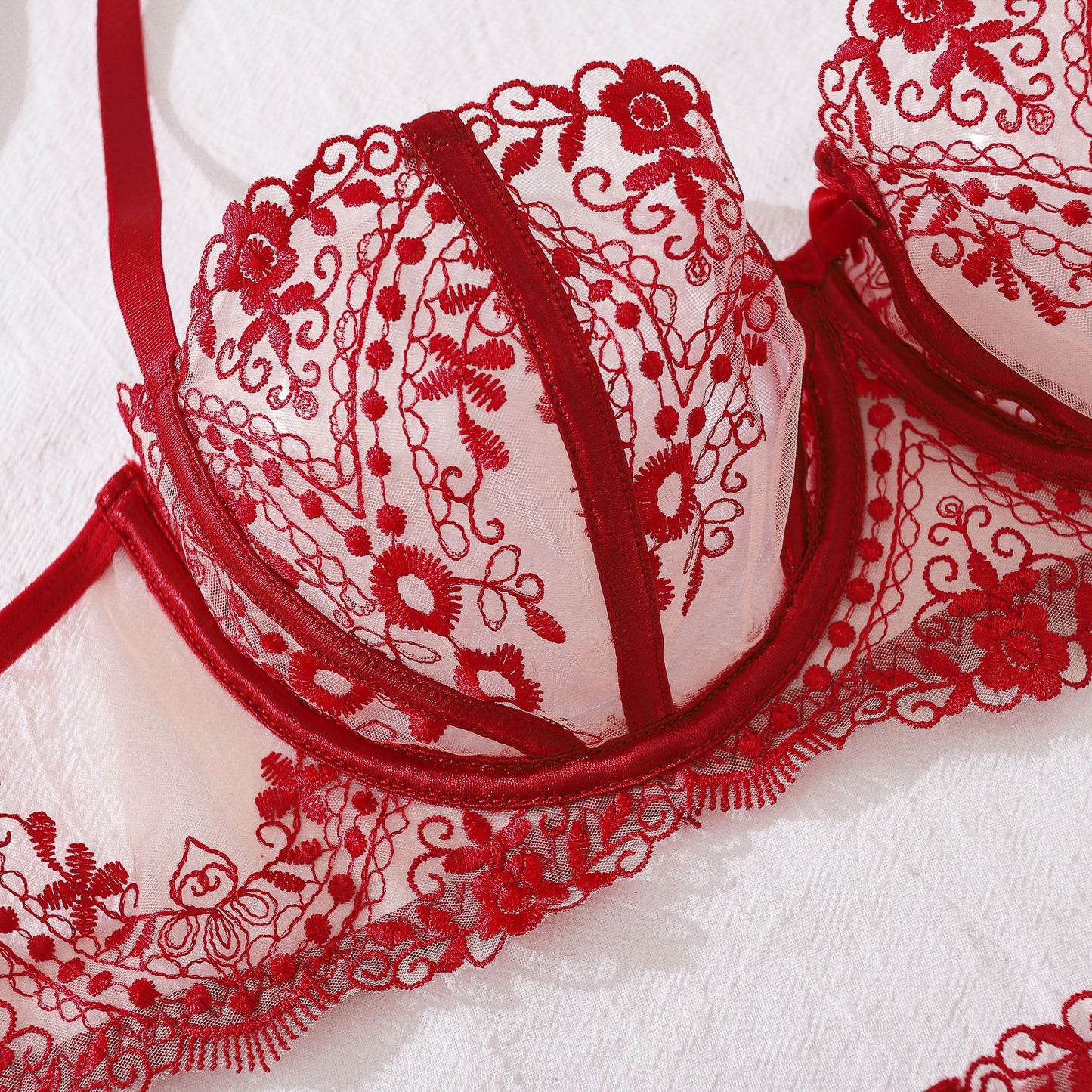Freedombeauty | Supply a four-piece set of summer new flower embroidery and see-through mesh sexy underwear