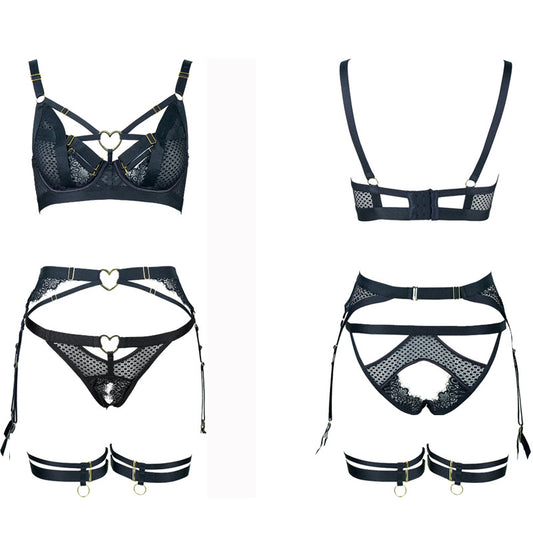FREEDOMBEAUTY | FQ2829 Flower mesh perspective quality series sexy suit women's heart buckle free of temptation European and American suspender leg ring