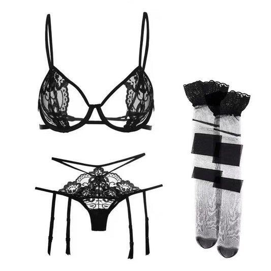 FREEDOMBEAUTY | FQ2599 bella hollow lace bra hip panties thin strap sexy seduction suit women's garter belt cross-border