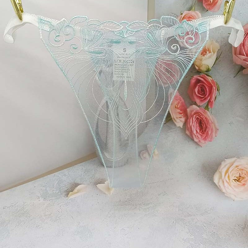 FREEDOMBEAUTY | Transparent mesh embroidery sexy perspective light women's sexy thong three-color optional pattern embroidery cross-border