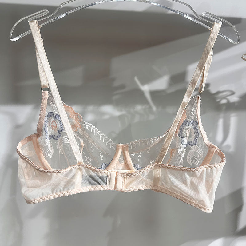 FREEDOMBEAUTY | French Underwear Mesh Embroidery Flower Sexy Lace Big Breast Small Rim Bra Bra Set Sexy Bra