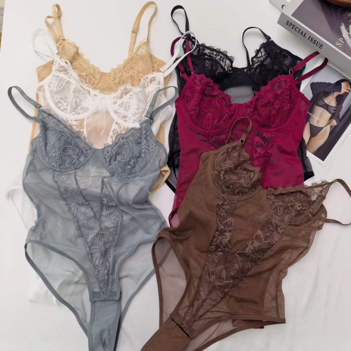 FREEDOMBEAUTY | Cross-border European and American sexy lace solid color lace one-piece underwear foreign trade micro-slim ultra-thin gathering erotic underwear
