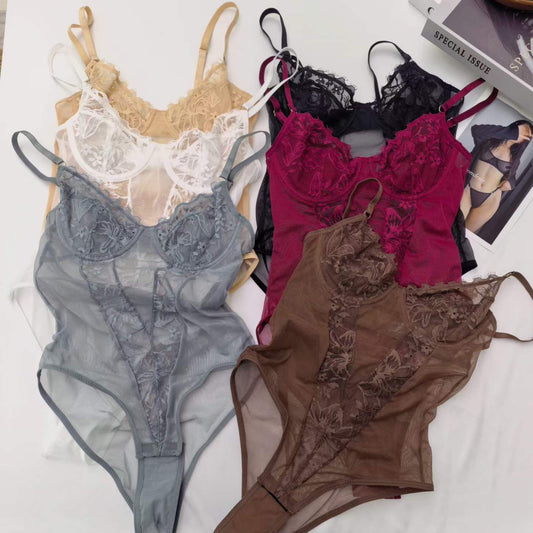 FREEDOMBEAUTY | Cross-border European and American sexy lace solid color lace one-piece underwear foreign trade micro-slim ultra-thin gathering erotic underwear
