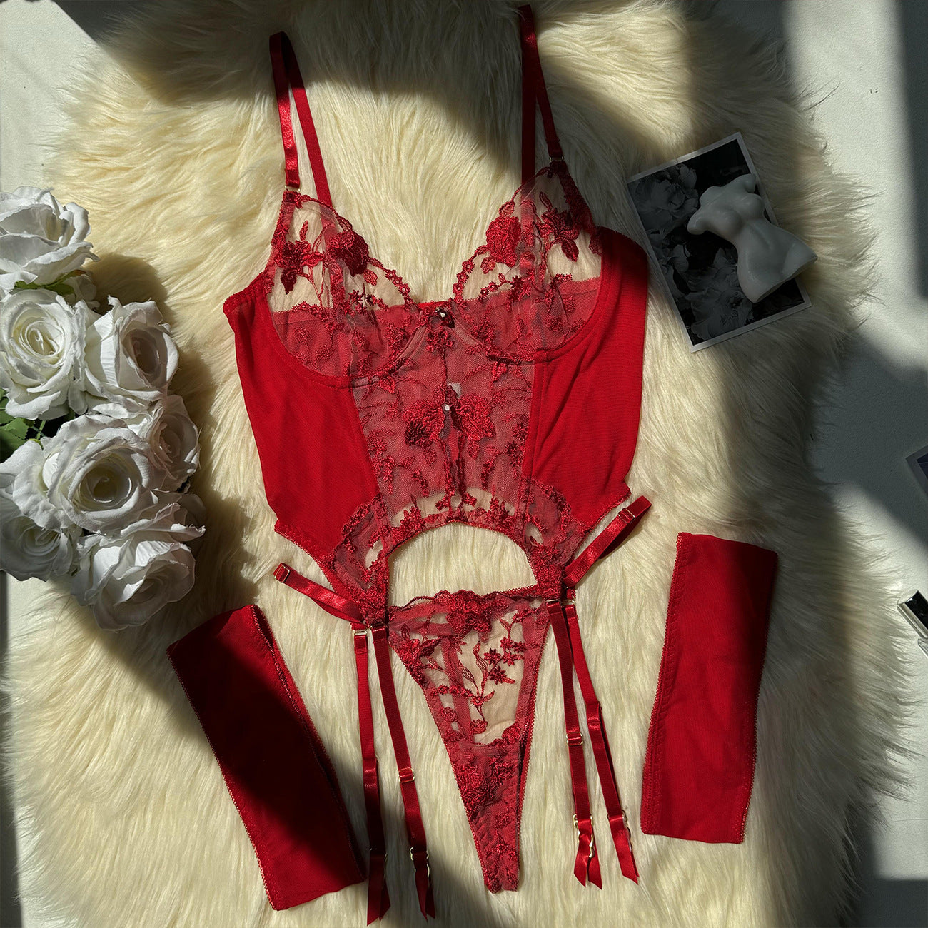 freedombeauty|Embroidered sexy underwear new three-point erotic underwear mesh embroidery perspective set