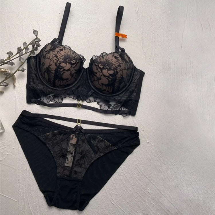 FREEDOMBEAUTY | French Sexy Lace Underwear Strap Hollow Embroidery Gathering Bra Close Breast Adjustment Top Bras Set