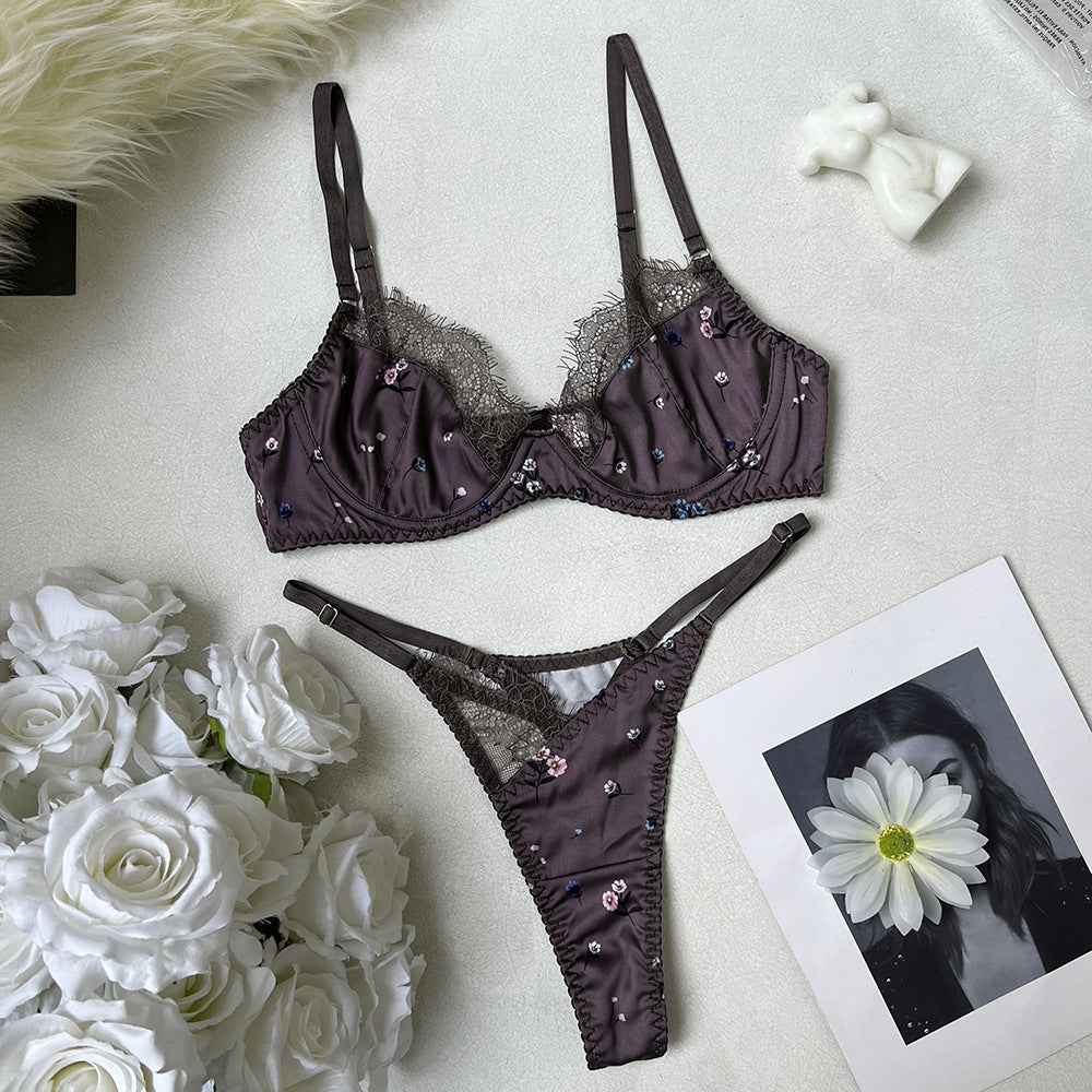 FREEDOMBEAUTY | DIER lace splicing print color Ting pure desire sexy lingerie comfortable steel ring gather bra panty set