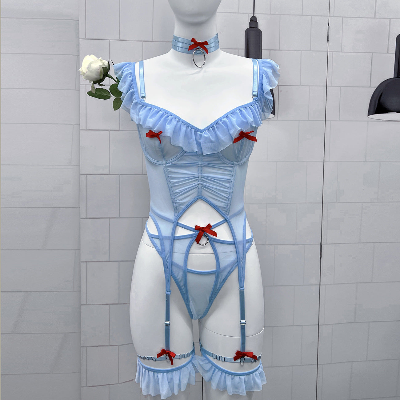 freedombeauty｜Mesh girl sexy splicing fish bone backless sexy suspender onesie women's lingerie
