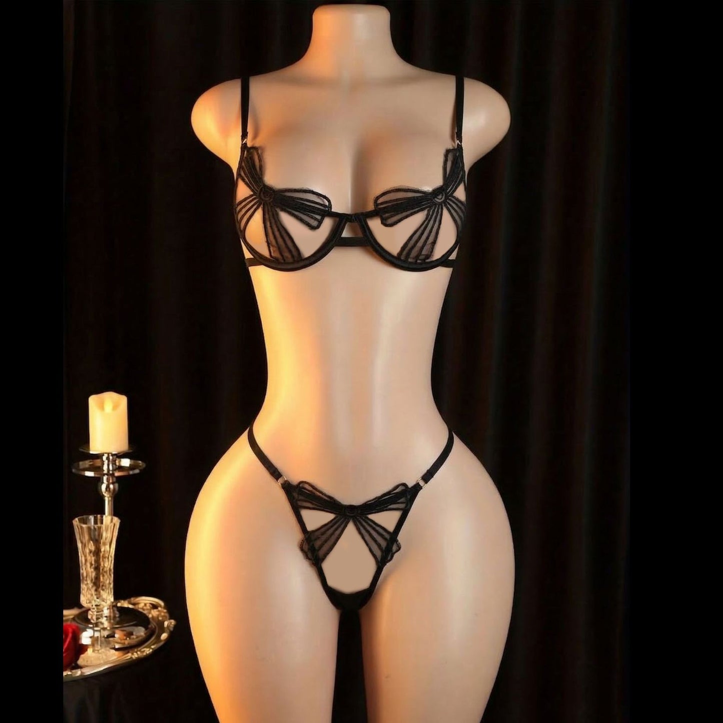 FREEDOMBEAUTY | DIER pure desire style three-dimensional bow hollow underwear set sexy steel ring thong sex two-piece set women