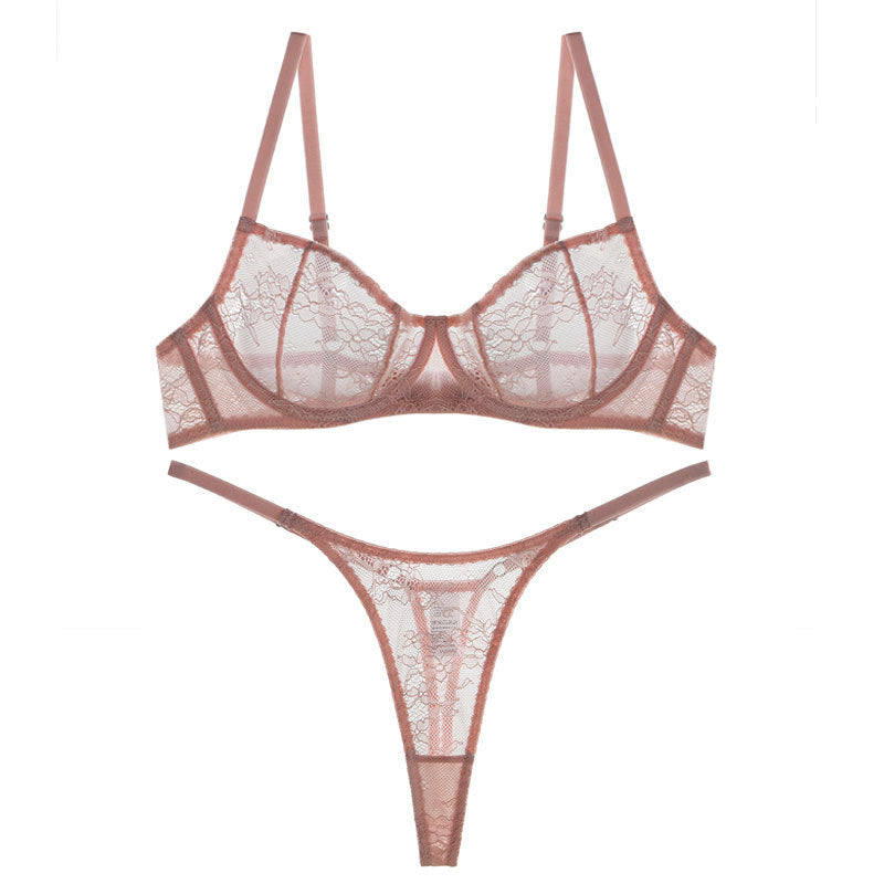 FREEDOMBEAUTY | European and American light pink lace sexy underwear foreign trade hot-selling summer perspective temptation steel ring bra underwear