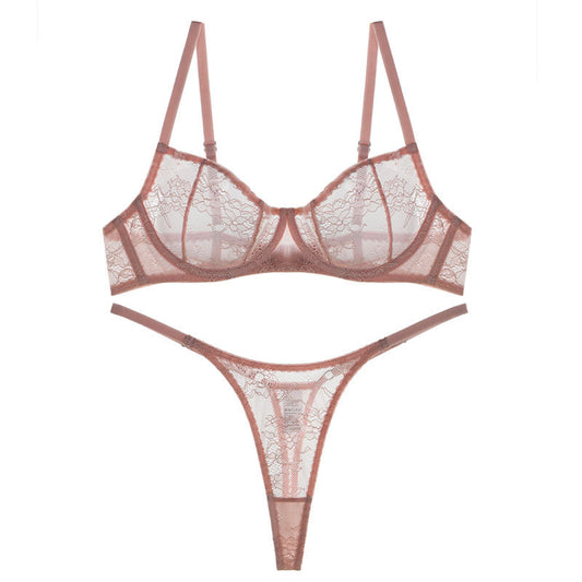 FREEDOMBEAUTY | European and American light pink lace sexy underwear foreign trade hot-selling summer perspective temptation steel ring bra underwear