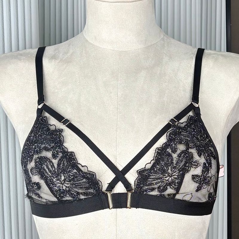 FREEDOMBEAUTY | FQ2886 silver embroidery velvet triangle cup sexy perspective bralette three-point European and American foreign trade cross-border black