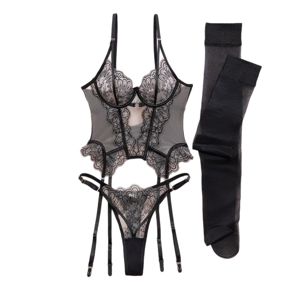 FREEDOMBEAUTY | Amazon foreign trade hot sale eyelash lace embroidery perspective mesh long vest underwear two-piece set with stockings
