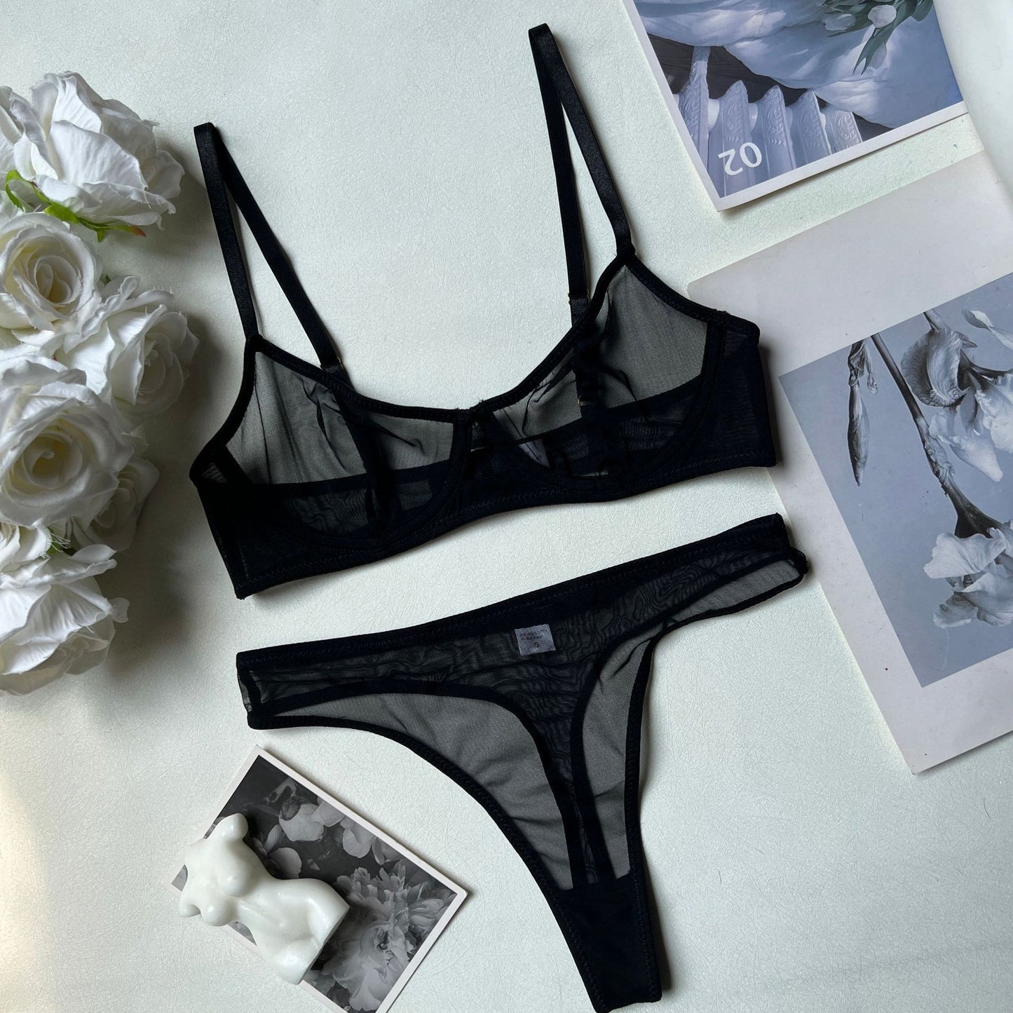 freedombeauty|Sexy leopard print underwear, French bra, ultra-thin mesh sex set, perspective.