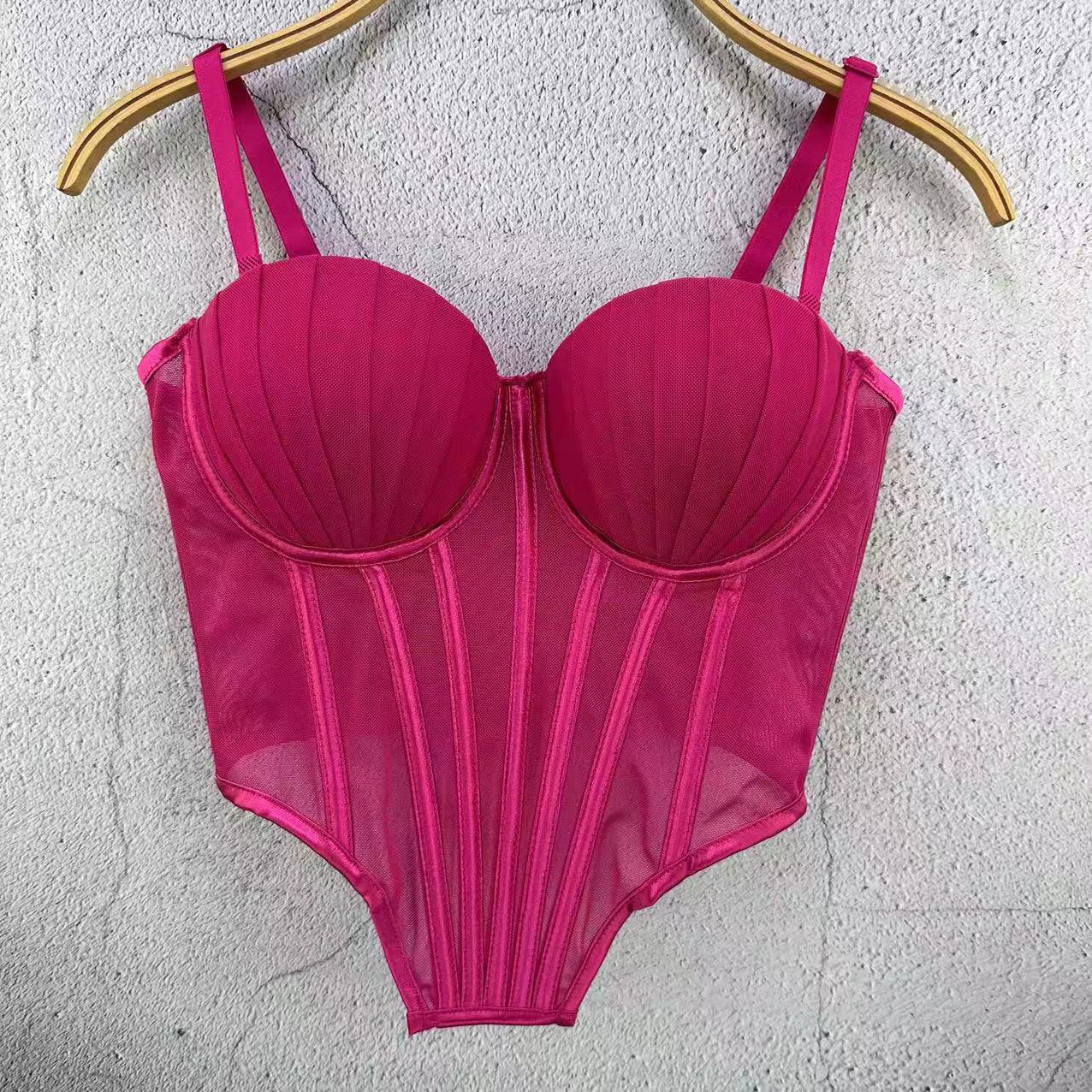 FREEDOMBEAUTY | European Station French Design Sense Mesh Lace Plastic Back Underwear Spice Girl Fishbone Tube Top Women's Thin