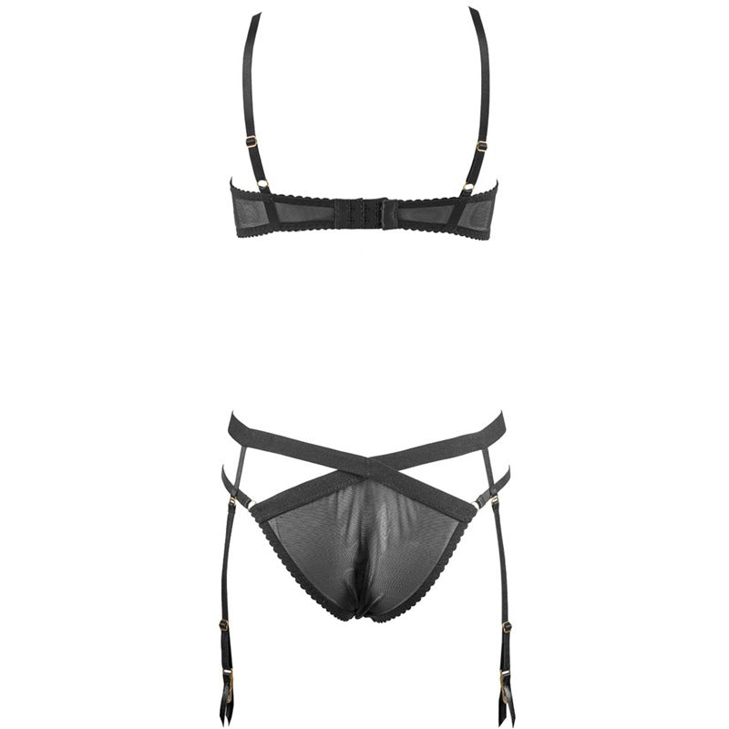 FREEDOMBEAUTY | FQ2657 Cross Strap Hollow Rim Bra Set Women's Sexy Removable Garter Briefs Low Waist Black