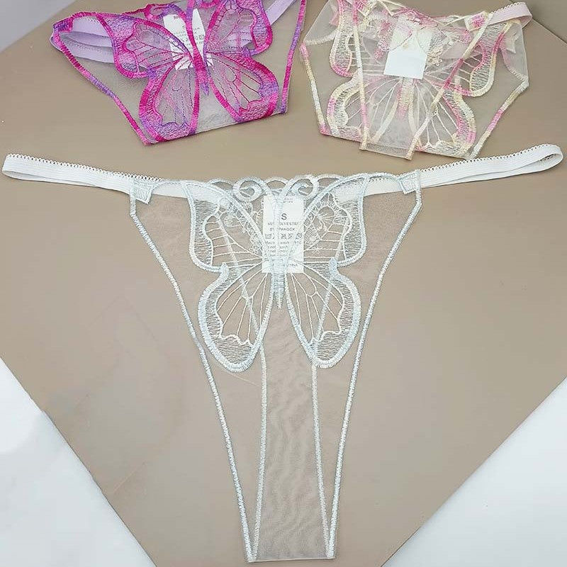 FREEDOMBEAUTY | New women's sexy perspective lace temptation three-piece mesh embroidery butterfly embroidery sex thong cross-border