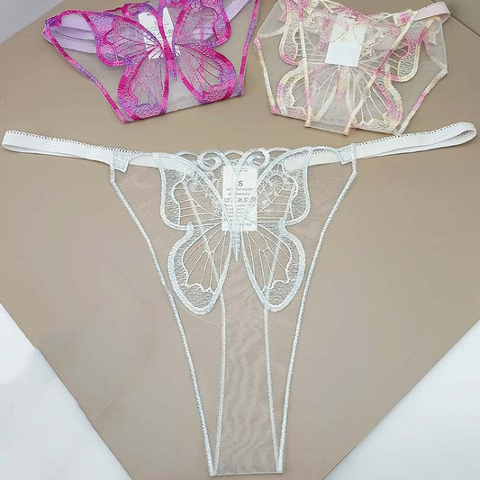 FREEDOMBEAUTY | New women's sexy perspective lace temptation three-piece mesh embroidery butterfly embroidery sex thong cross-border