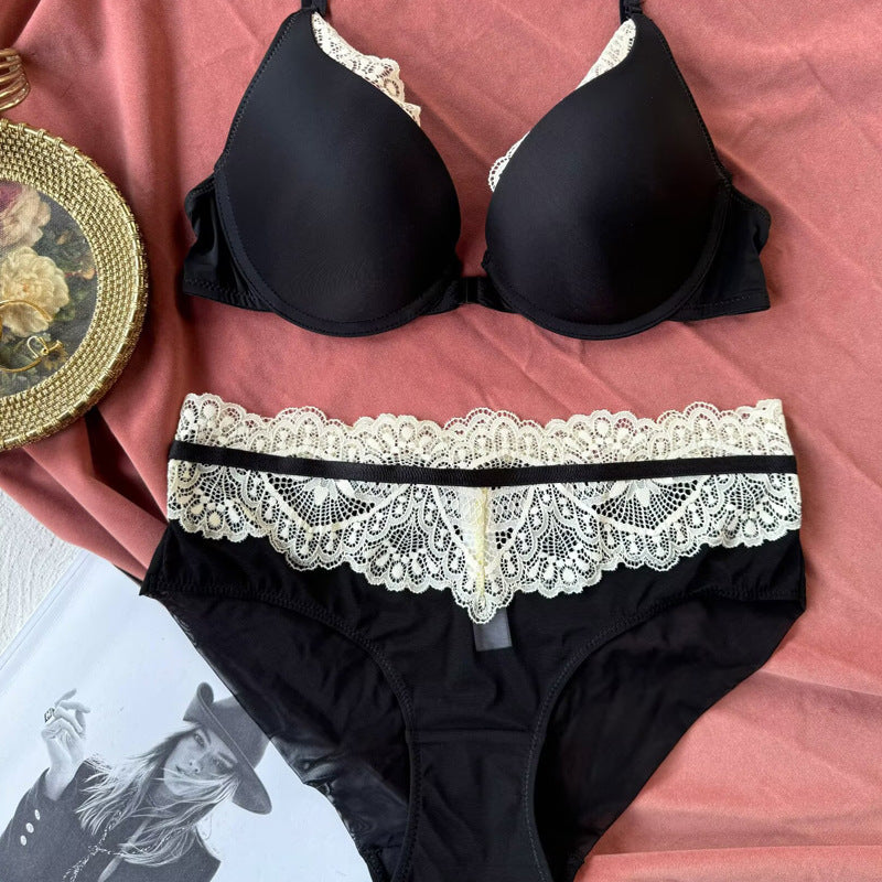 FREEDOMBEAUTY | Cross-border European and American sexy underwear women's front buckle beautiful back push up gathering underwear anti-sagging large size lace bra set