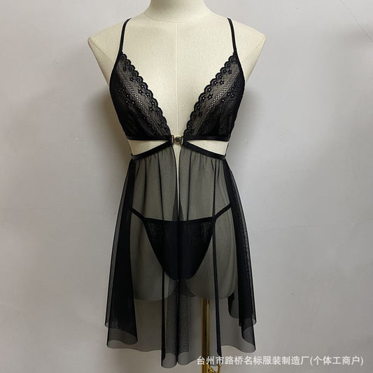 Freedombeauty | 5077 front button sex nightgown, mesh pajamas, transparent pajamas, nightgown