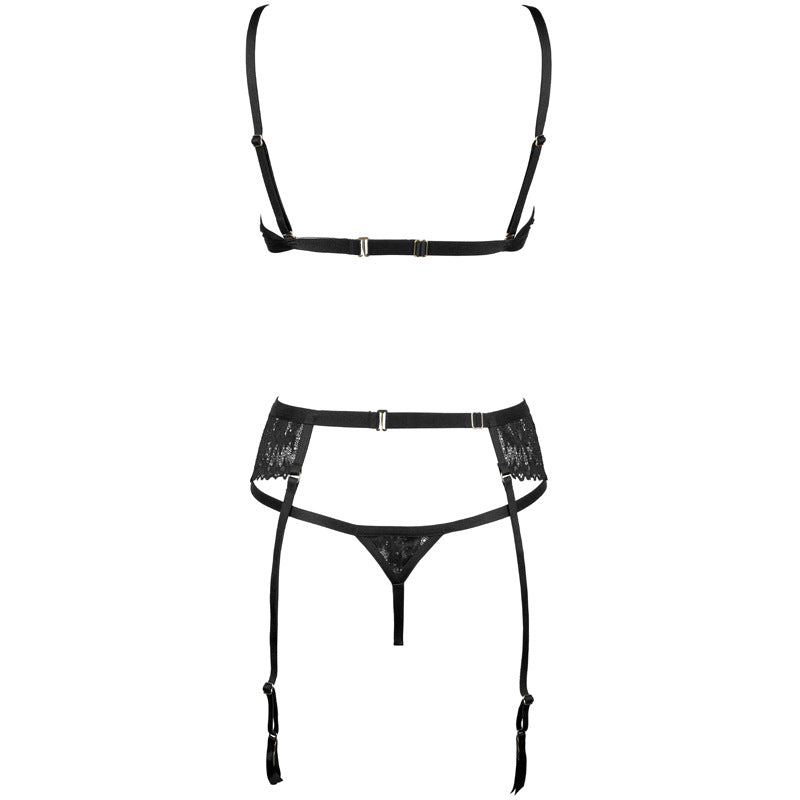 Freedombeauty | FQ2852 French lace triangle cup soft steel rim perspective chain bra thong garter black lingerie