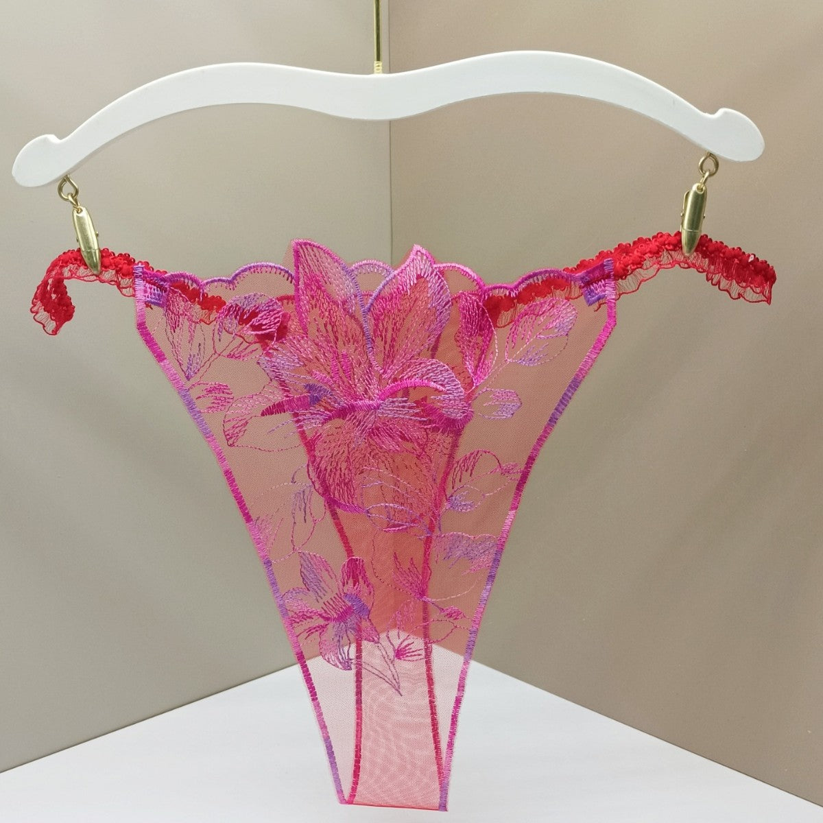 FREEDOMBEAUTY | Sexy three-color perspective mesh yarn full face embroidery flower color matching lace lace crotchless private parts light cross-border