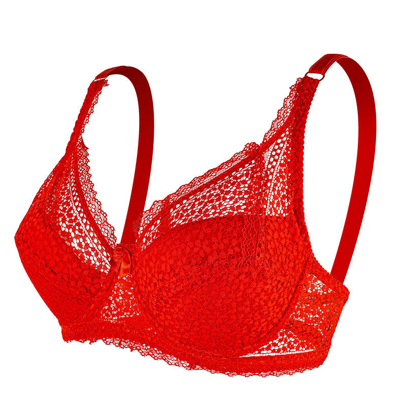 Freedombeauty | European and American style big breasts show small large size lace underwear women's summer thin collection no steel ring bra zero bondage bra