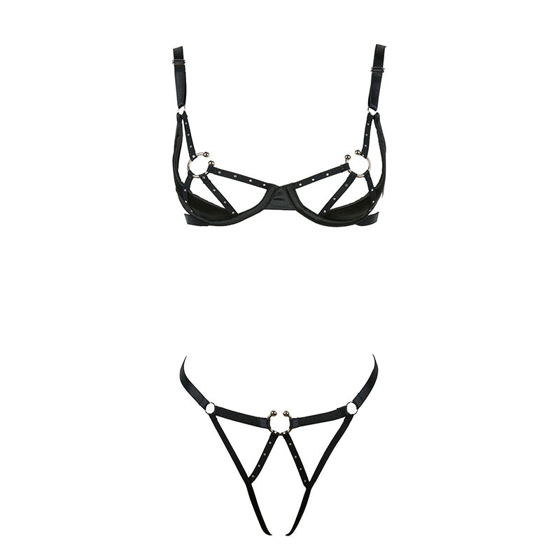 FREEDOMBEAUTY | FQ2921 European and American cross-border trend sexy hot diamond chest support exposed underwear set women's hollow free thong