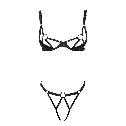 FREEDOMBEAUTY | FQ2921 European and American cross-border trend sexy hot diamond chest support exposed underwear set women's hollow free thong