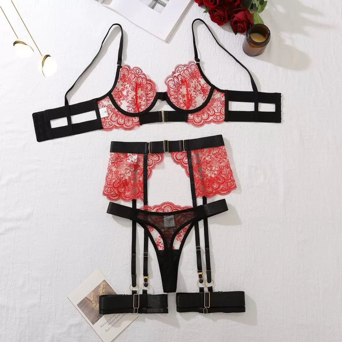 FREEDOMBEAUTY | Embroidery high quality heavy industry sex underwear embroidery eyelash lace perspective sexy three-piece set