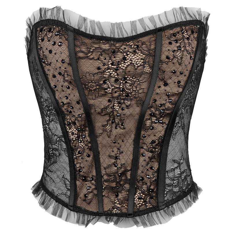 Freedombeauty | FQ2941 Hot Diamond Lace Fishbone Bust Wearing Waist Girdle Double Layer Three-breasted Lotus Leaf Mesh Edge No Chest Pad